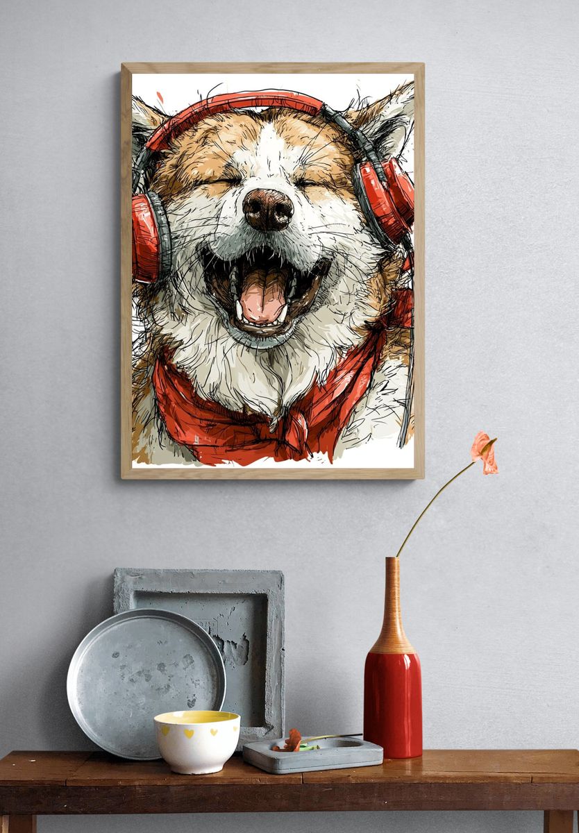 Happy Dog with Headphones Illustration Poster. — room view 3