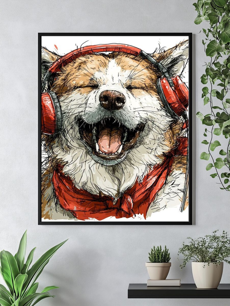 Happy Dog with Headphones Illustration Poster. — room view 4