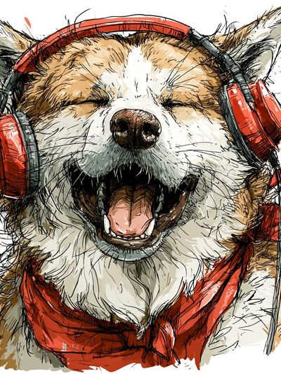 Happy Dog with Headphones Illustration Poster.