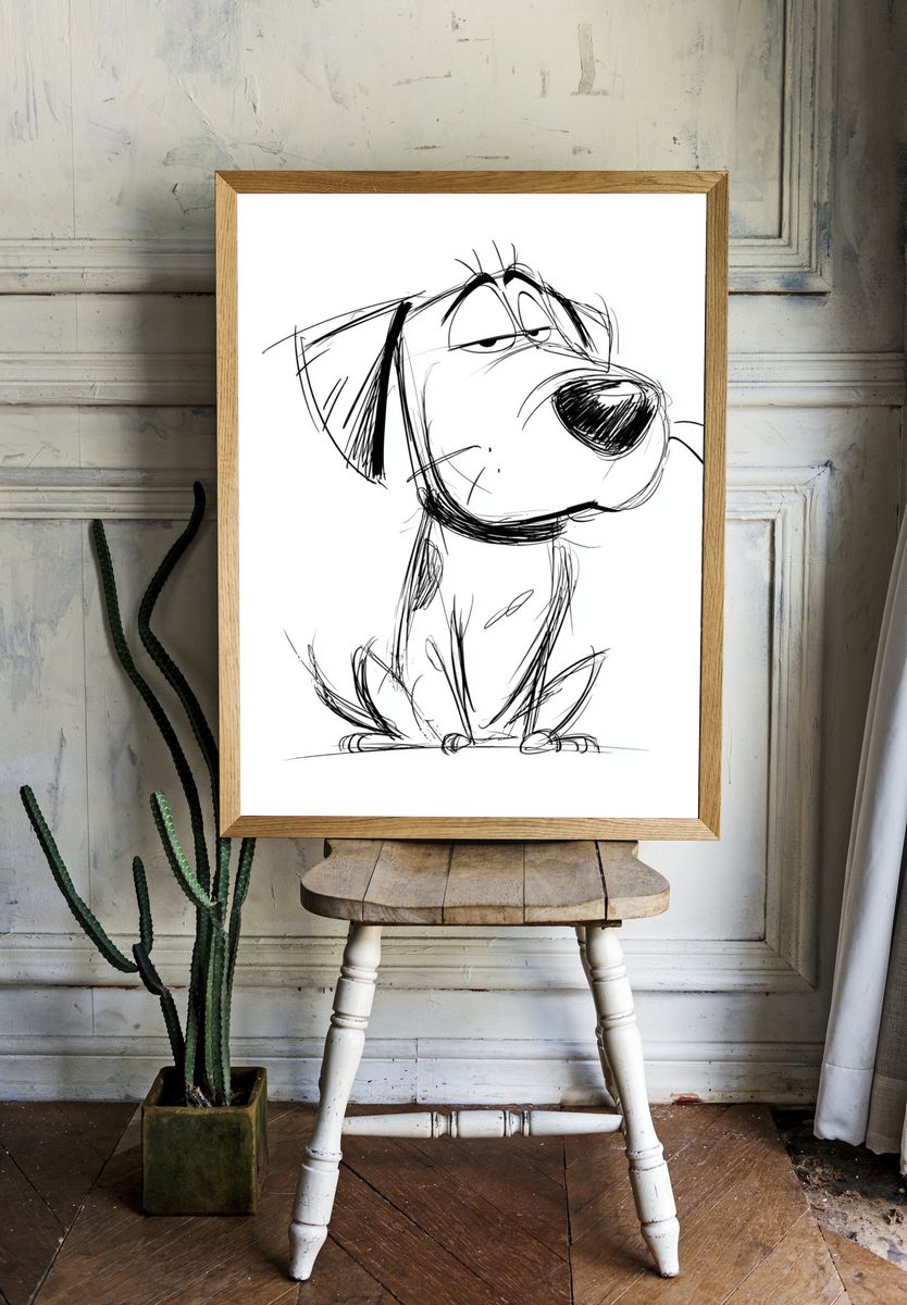 Skeptical Dog Line Art Poster. — room view 1