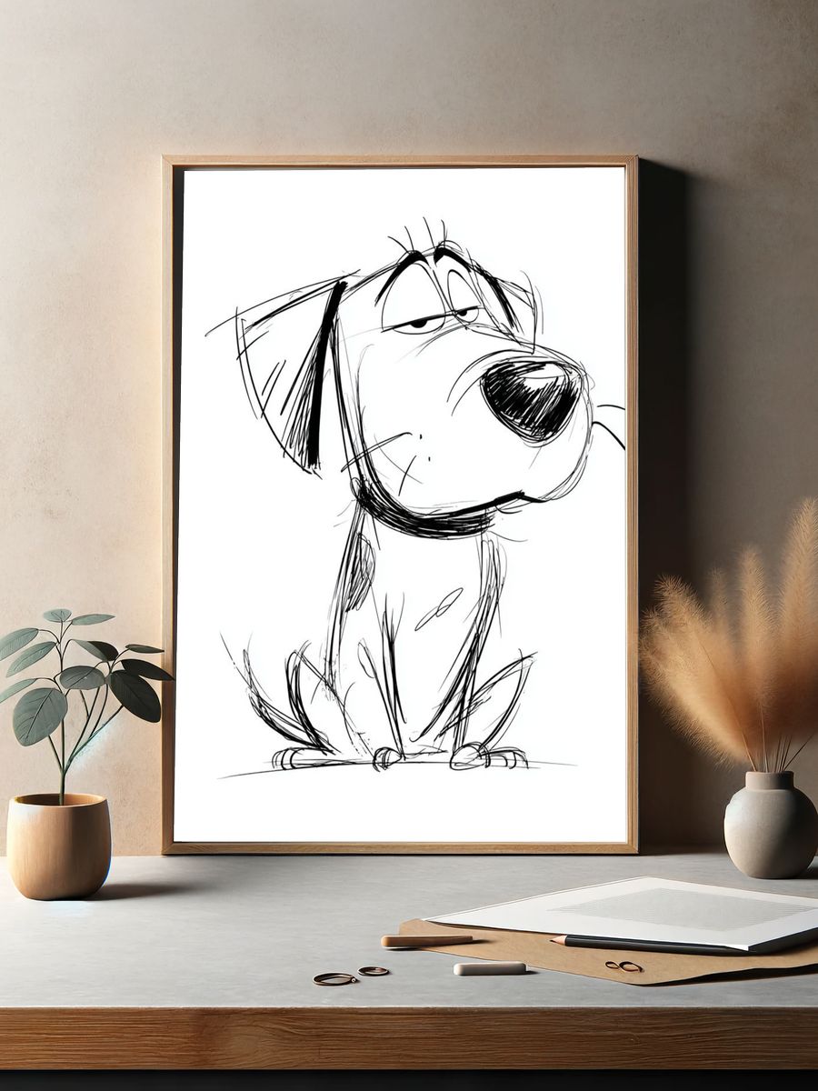 Skeptical Dog Line Art Poster. — room view 2