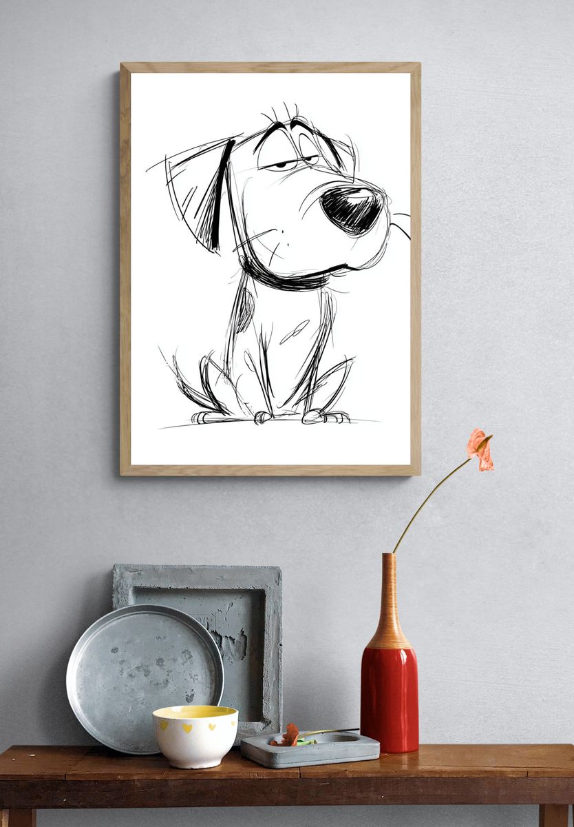 Skeptical Dog Line Art Poster. — room view 3