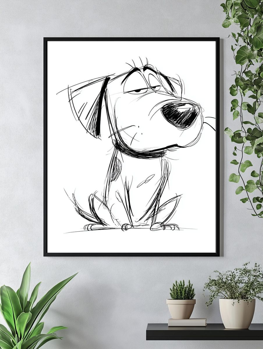 Skeptical Dog Line Art Poster. — room view 4