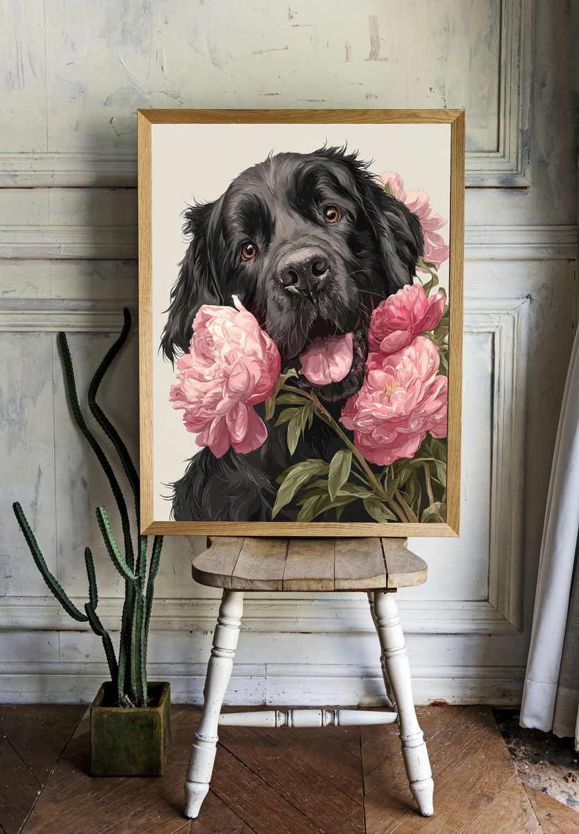 Black Dog with Peonies — Illustration Print. — room view 1