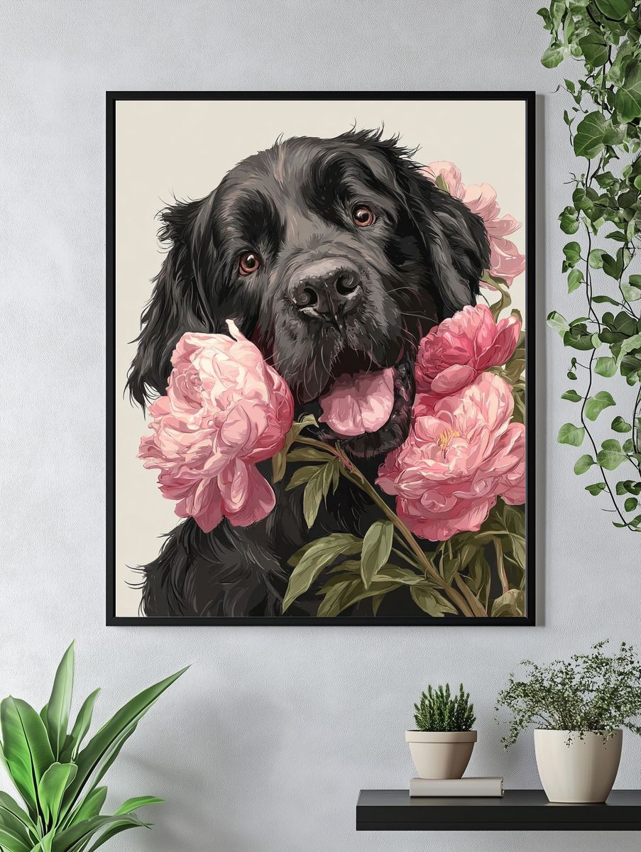 Black Dog with Peonies — Illustration Print. — room view 4