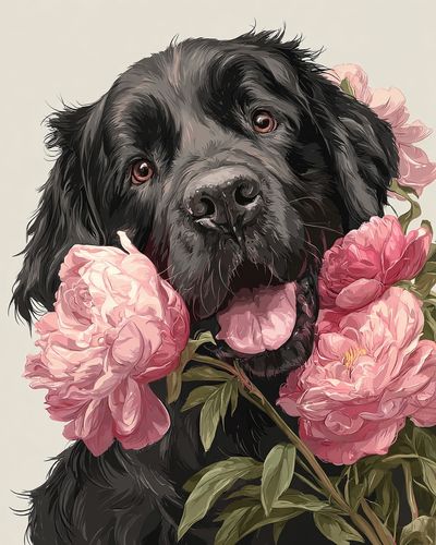 Black Dog with Peonies — Illustration Print. poster
