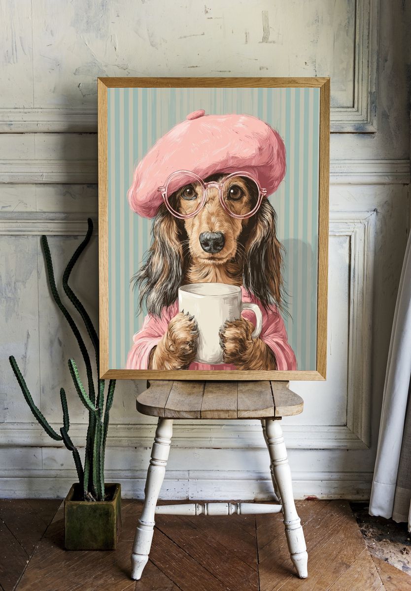Dachshund in Pink Beret — Illustration Print. — room view 1