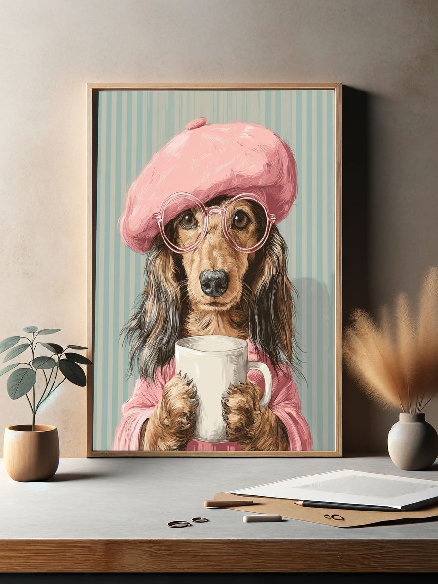 Dachshund in Pink Beret — Illustration Print. — room view 2