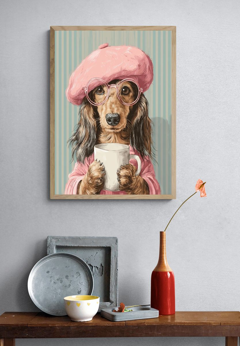 Dachshund in Pink Beret — Illustration Print. — room view 3