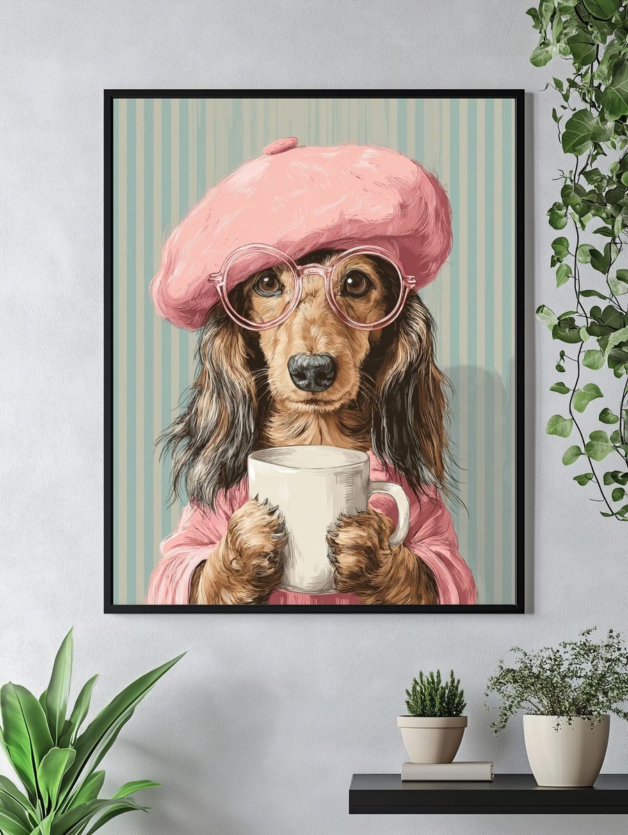 Dachshund in Pink Beret — Illustration Print. — room view 4