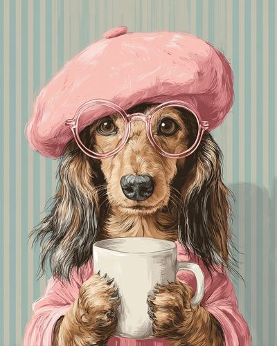 Dachshund in Pink Beret — Illustration Print. poster print
