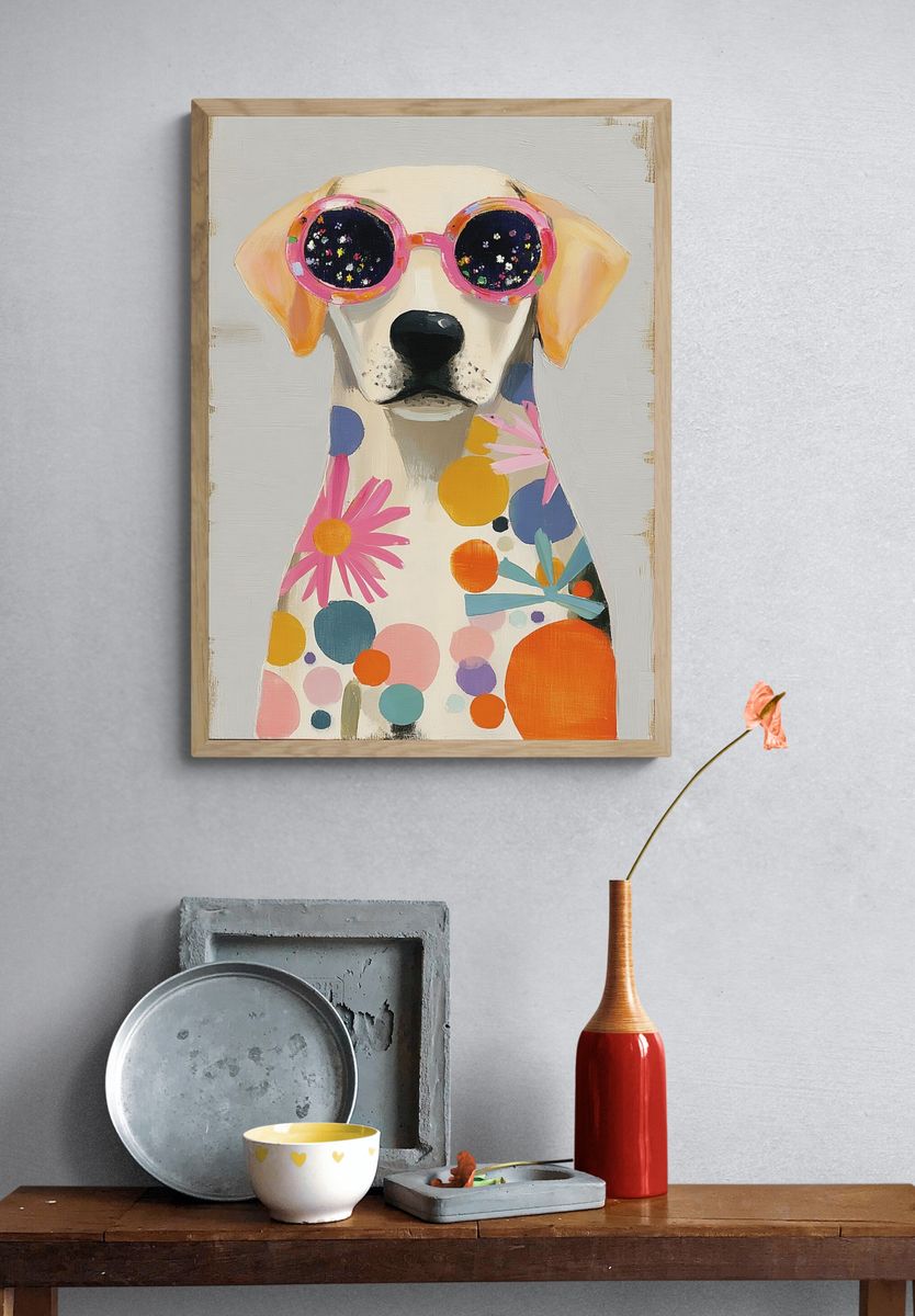 Colorful Dog in Sunglasses Poster. — room view 3