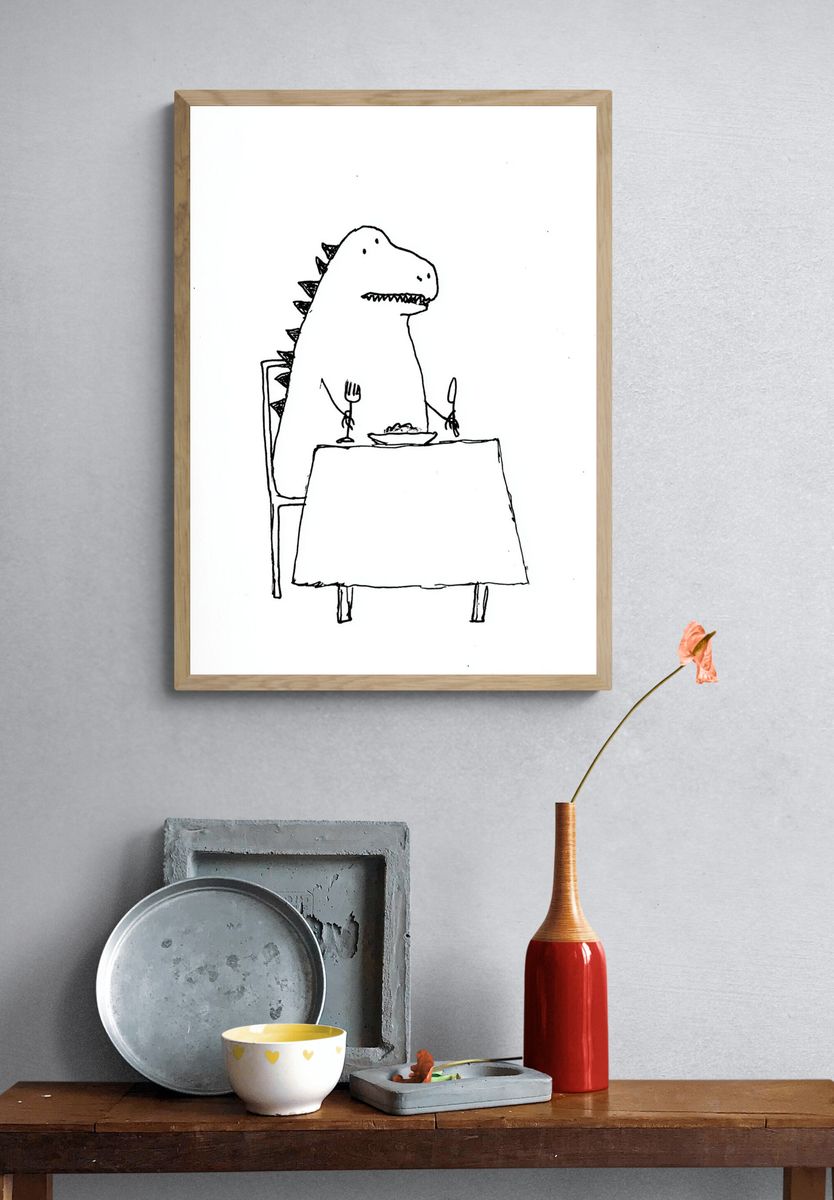 Dinosaur at Dinner — Funny Print. — room view 3