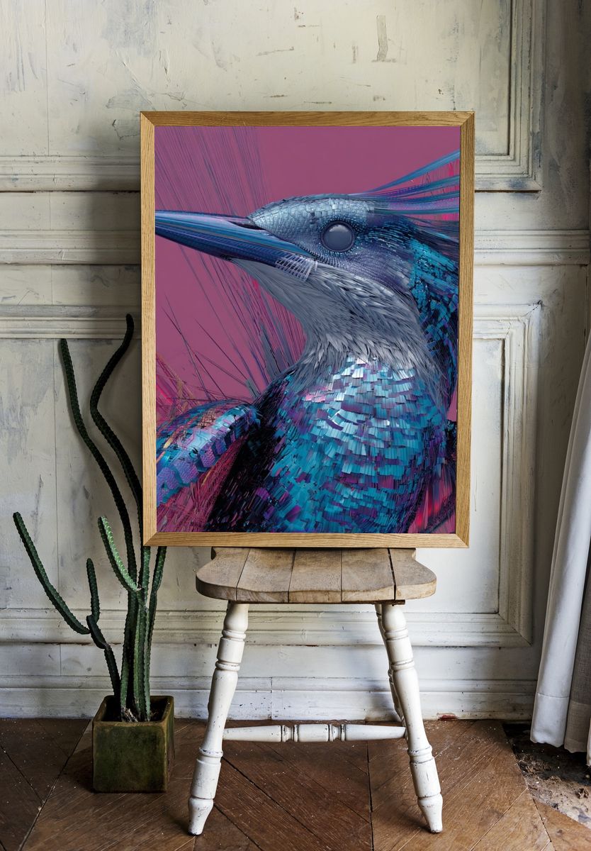 Neon Kingfisher Digital Art Poster. — room view 1