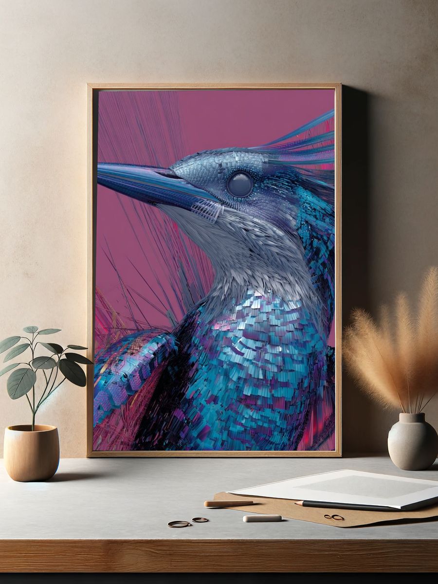 Neon Kingfisher Digital Art Poster. — room view 2