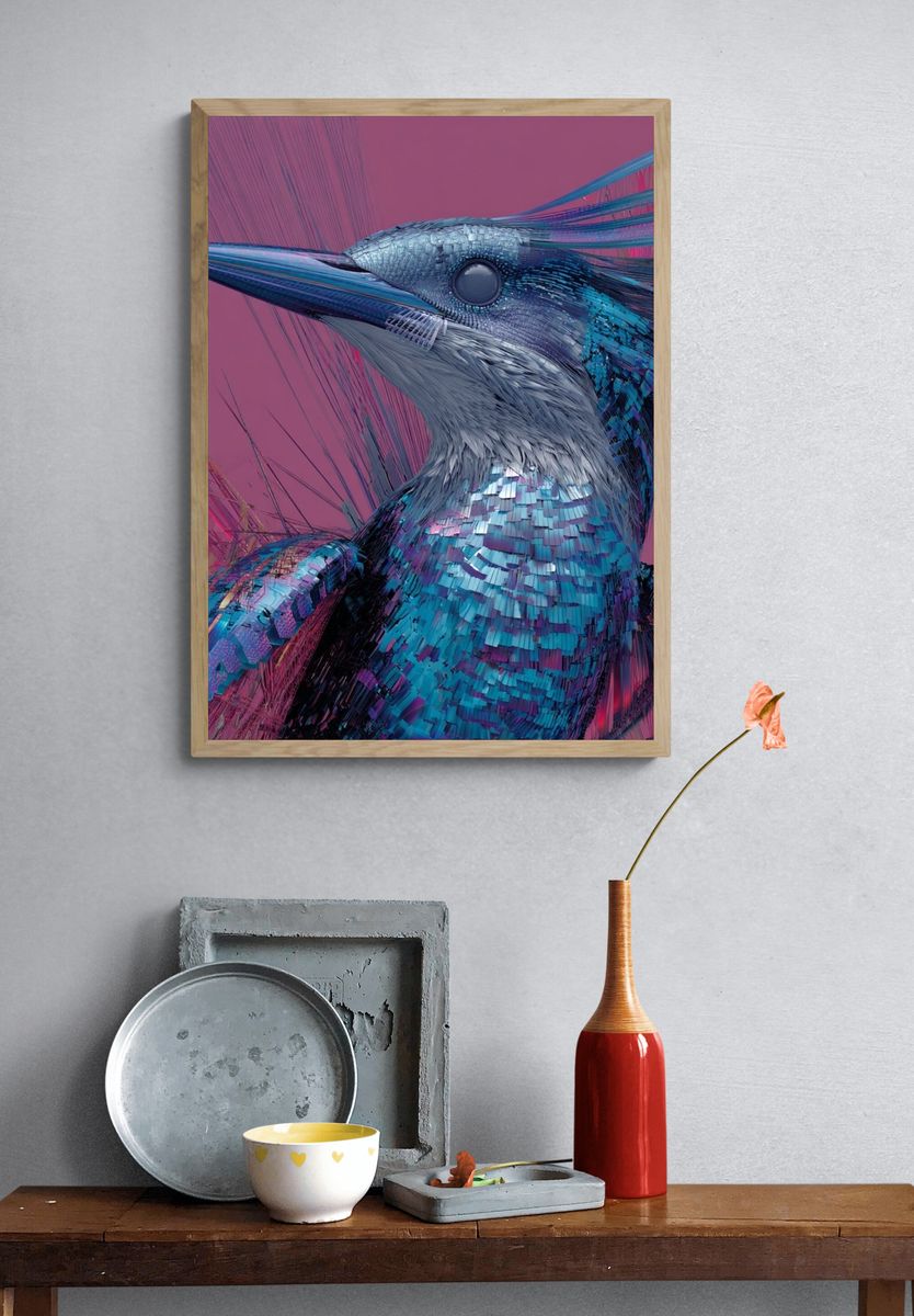 Neon Kingfisher Digital Art Poster. — room view 3