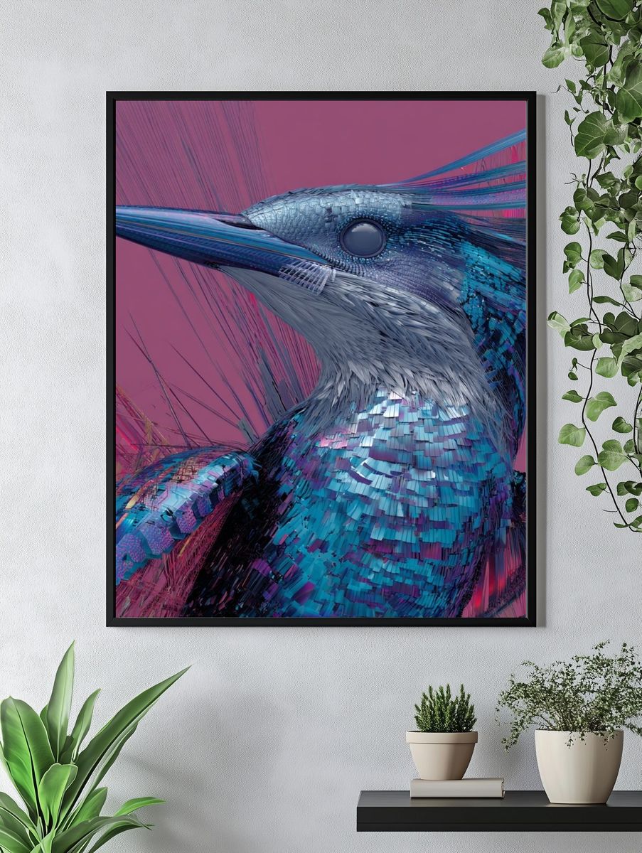 Neon Kingfisher Digital Art Poster. — room view 4
