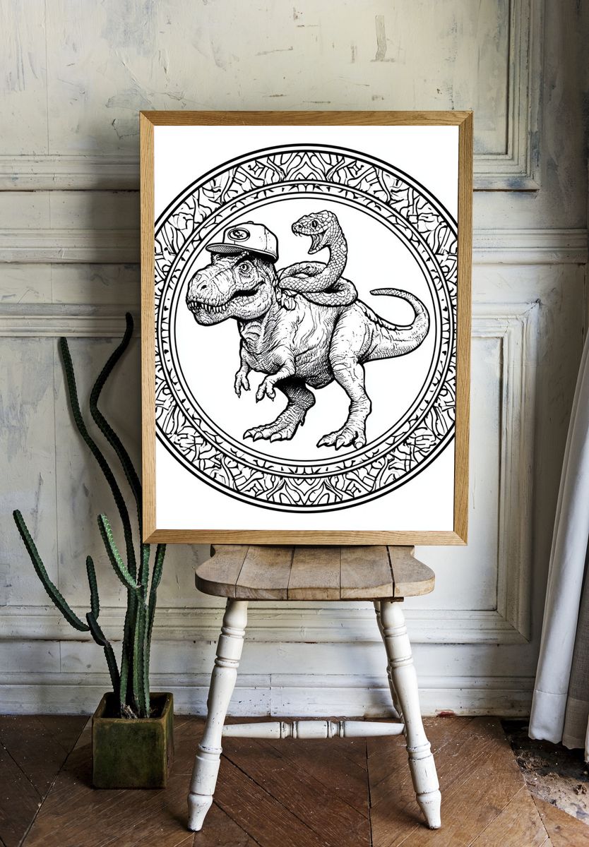 Dinosaur and Snake Line Art Poster. room preview