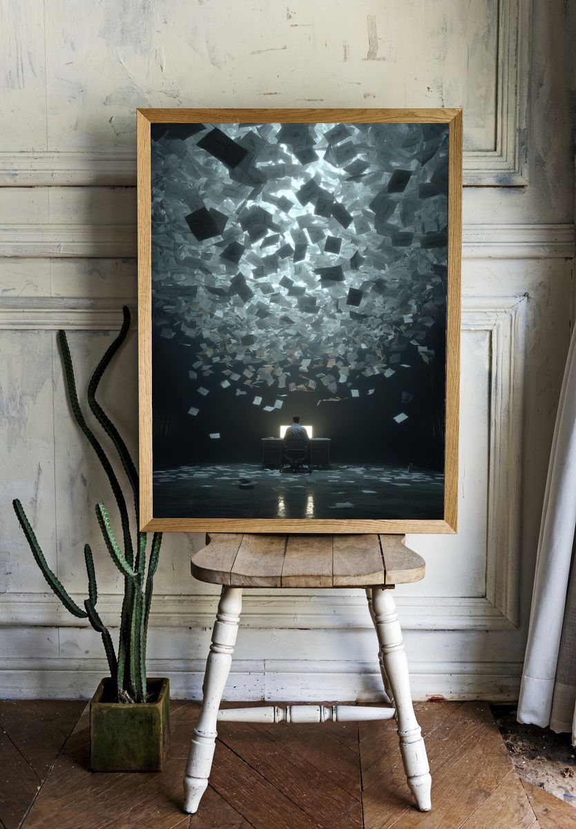 Overwhelmed by Paperwork — Digital Art Print. — room view 1