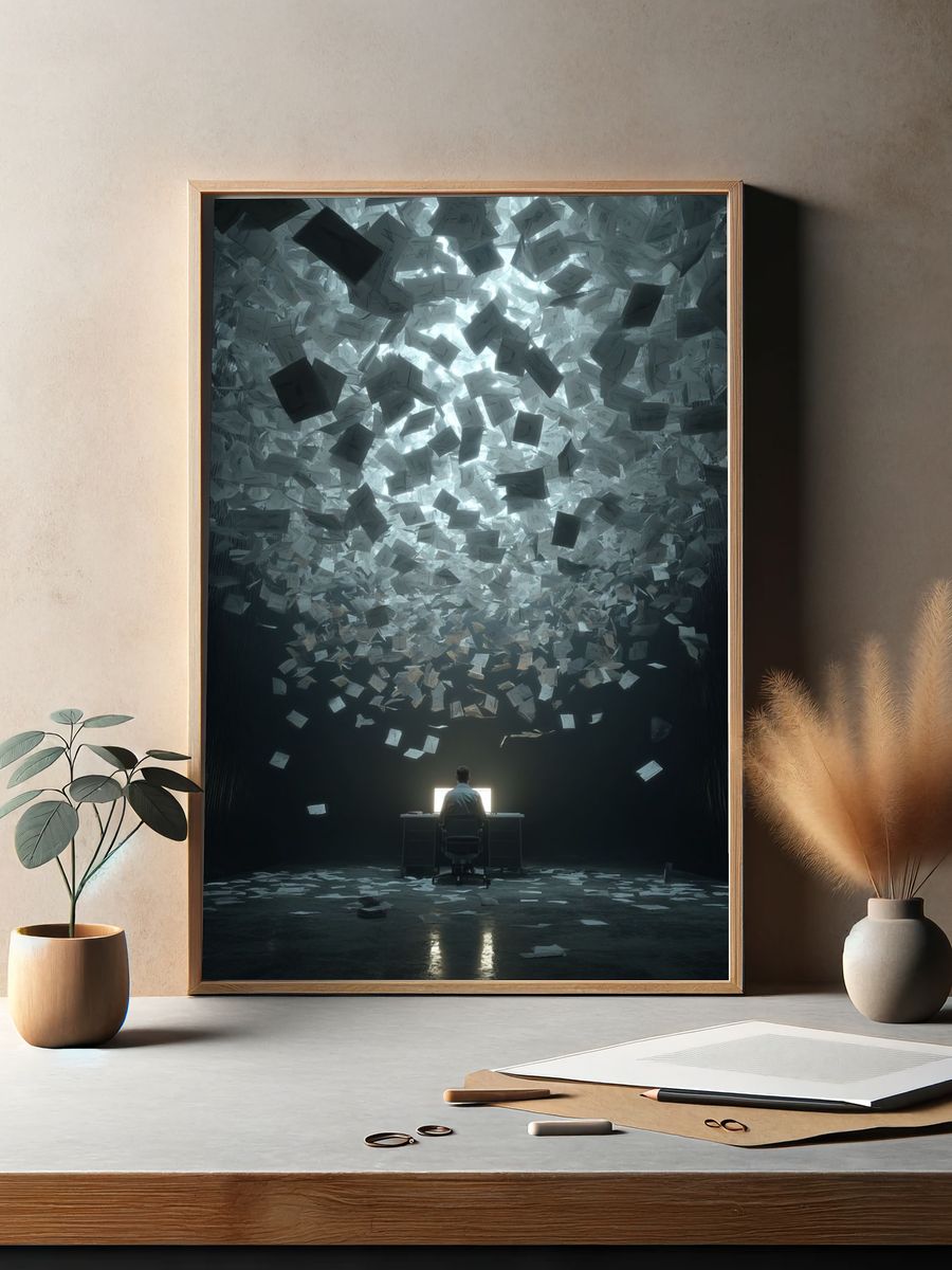Overwhelmed by Paperwork — Digital Art Print. — room view 2