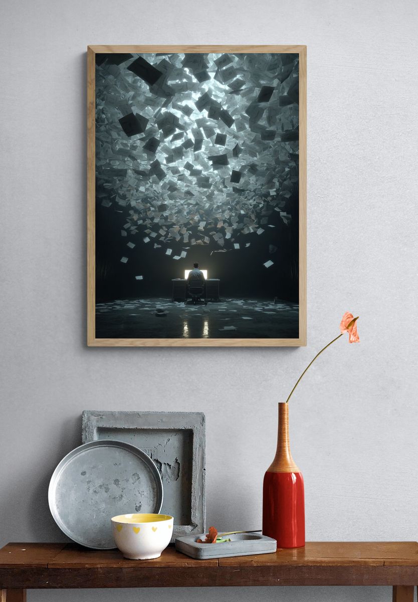 Overwhelmed by Paperwork — Digital Art Print. — room view 3