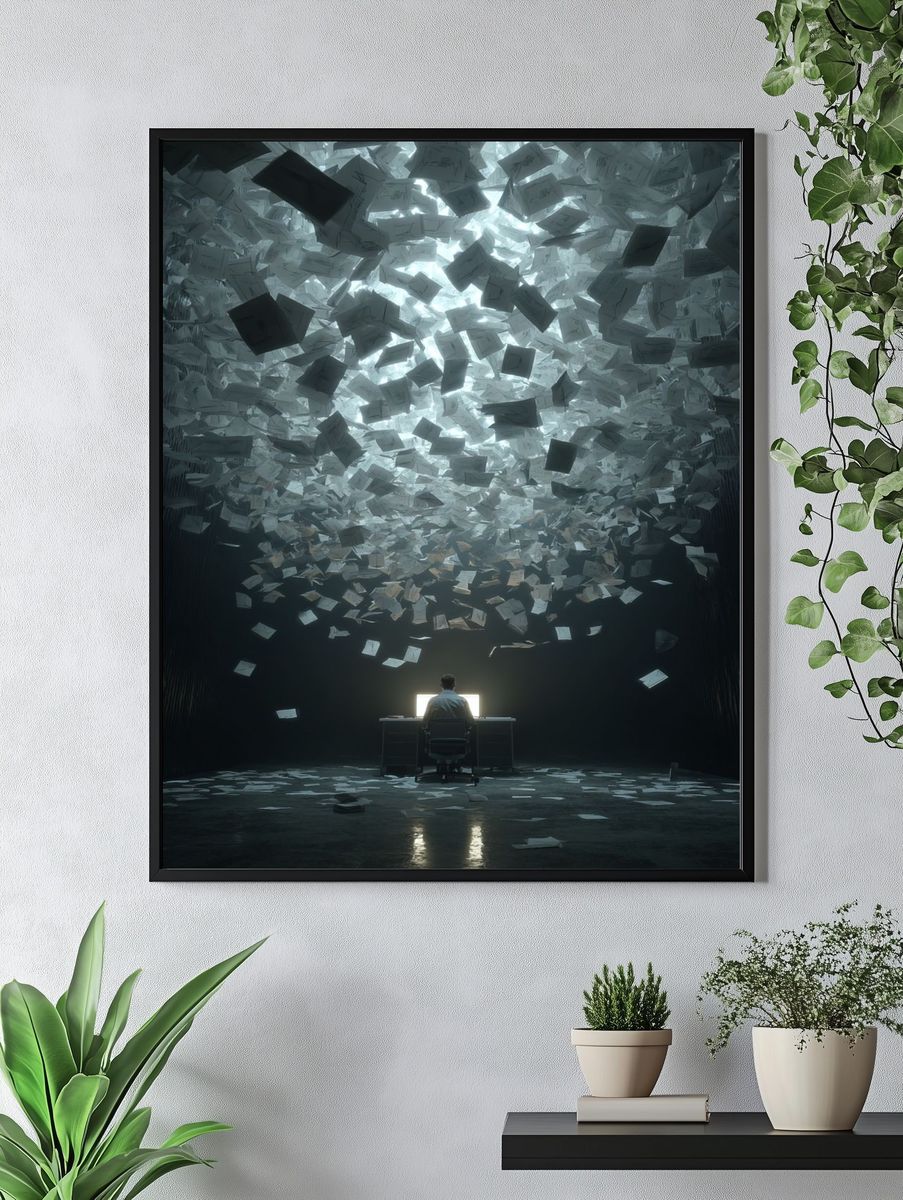 Overwhelmed by Paperwork — Digital Art Print. — room view 4
