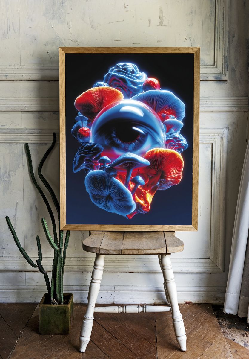 Surreal Eye with Mushrooms — Digital Art Print. — room view 1