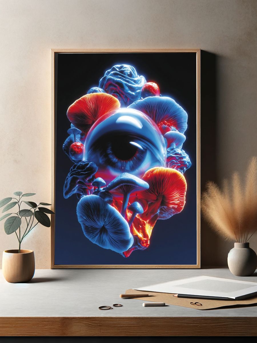 Surreal Eye with Mushrooms — Digital Art Print. — room view 2