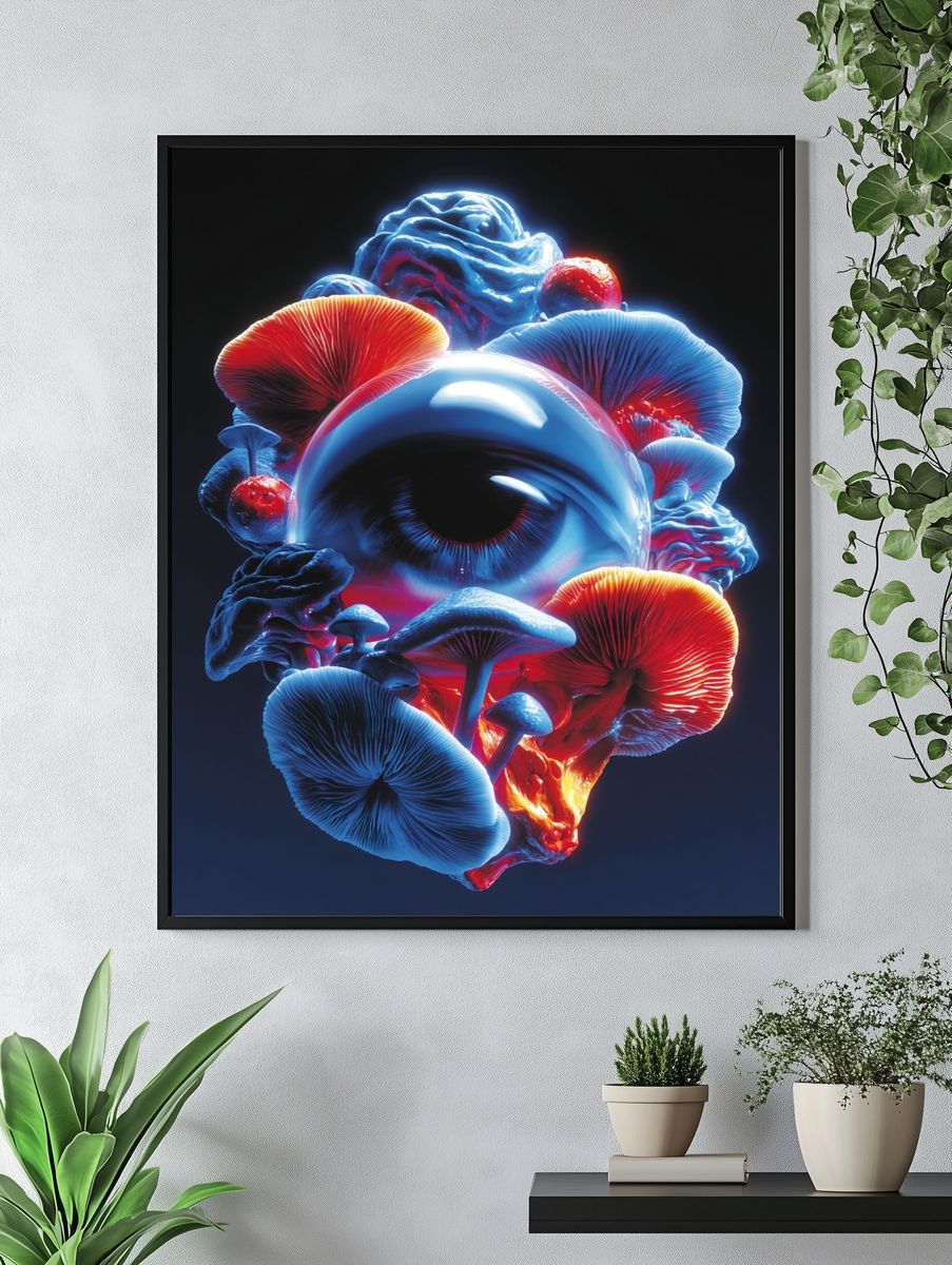 Surreal Eye with Mushrooms — Digital Art Print. — room view 4
