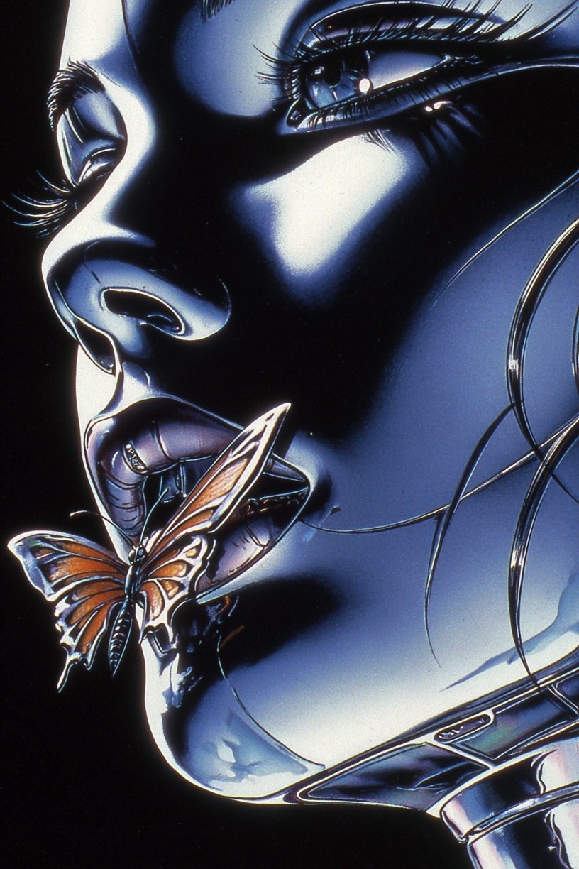 Futuristic Woman with Butterfly — Digital Art Print. poster — illustration art