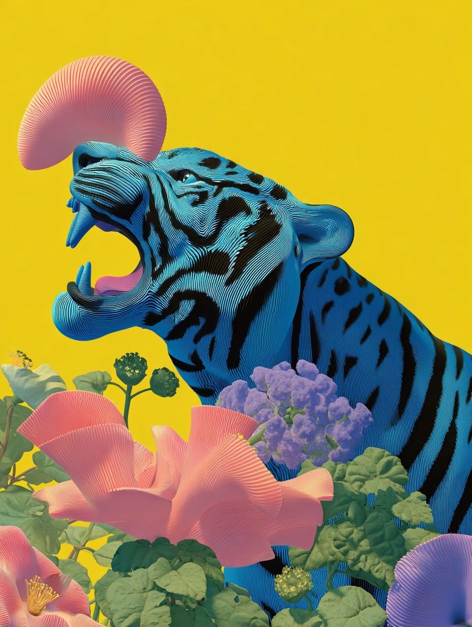 Blue Tiger with Flowers — Digital Art Print. poster — illustration art
