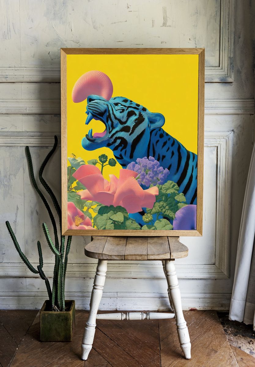 Blue Tiger with Flowers — Digital Art Print. — room view 1