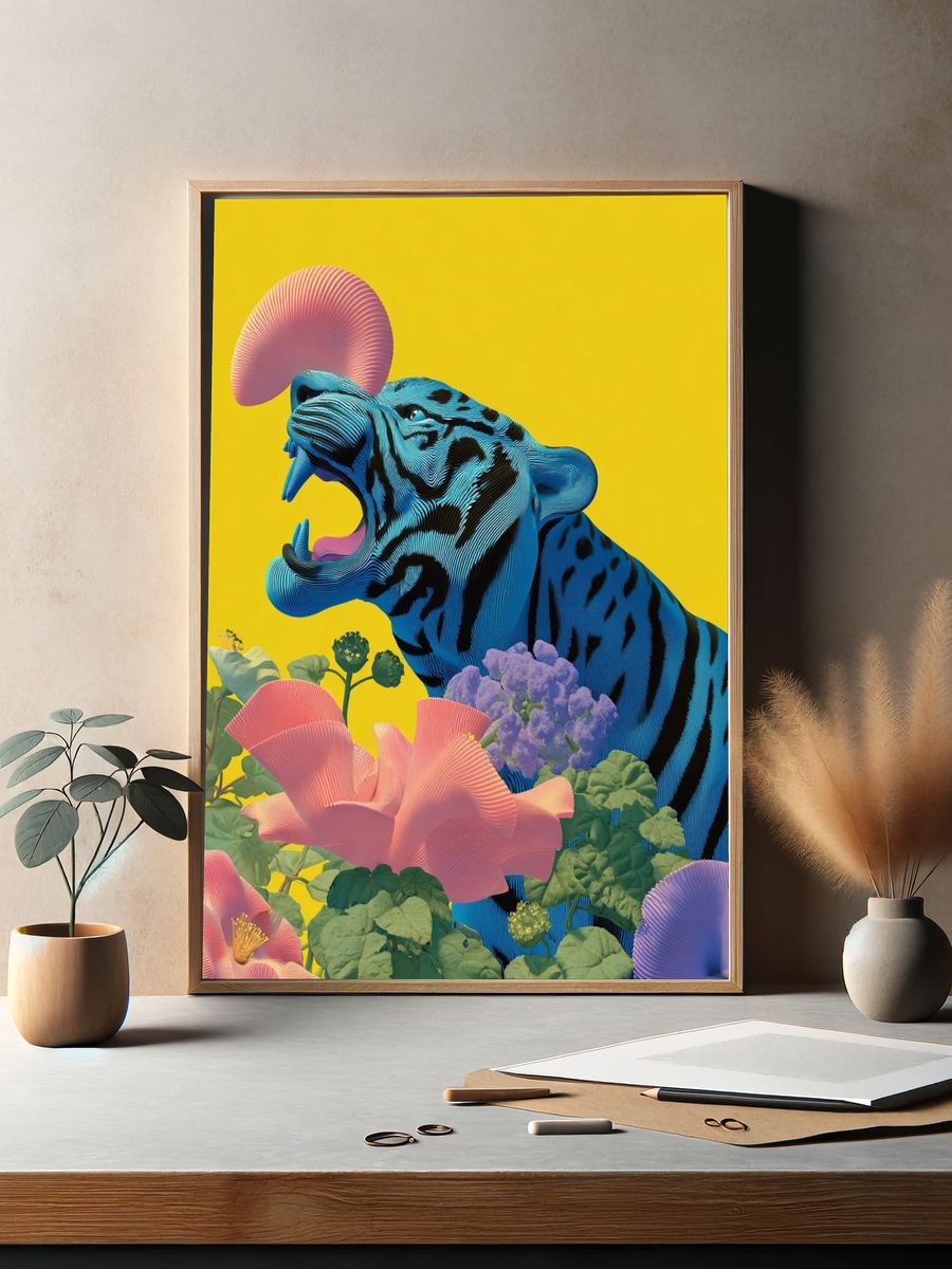 Blue Tiger with Flowers — Digital Art Print. — room view 2