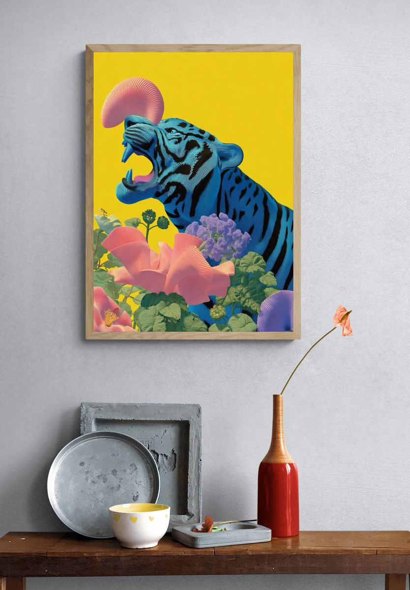Blue Tiger with Flowers — Digital Art Print. — room view 3