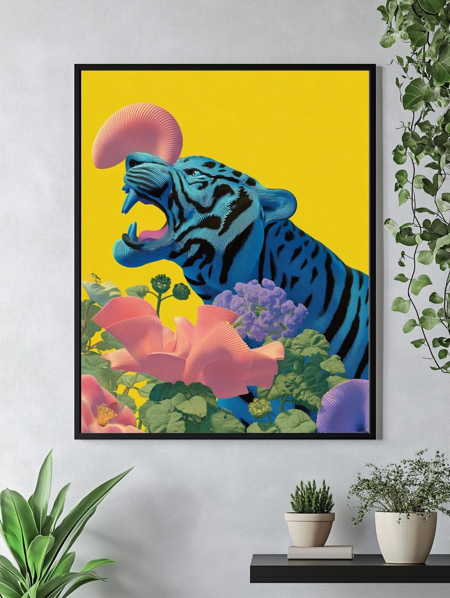 Blue Tiger with Flowers — Digital Art Print. — room view 4