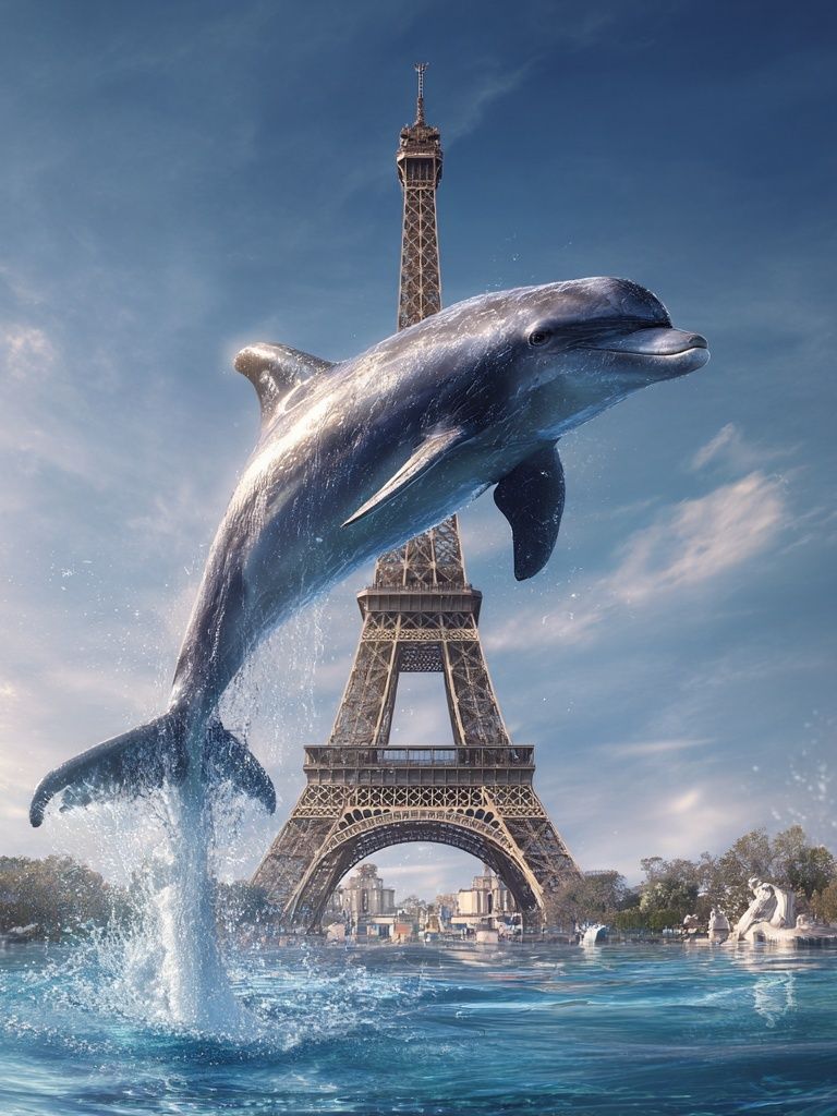 Dolphin Over Eiffel Tower Print. poster — illustration art