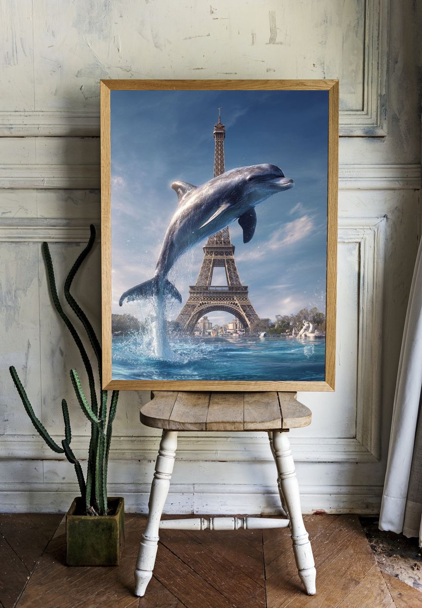 Dolphin Over Eiffel Tower Print. room preview