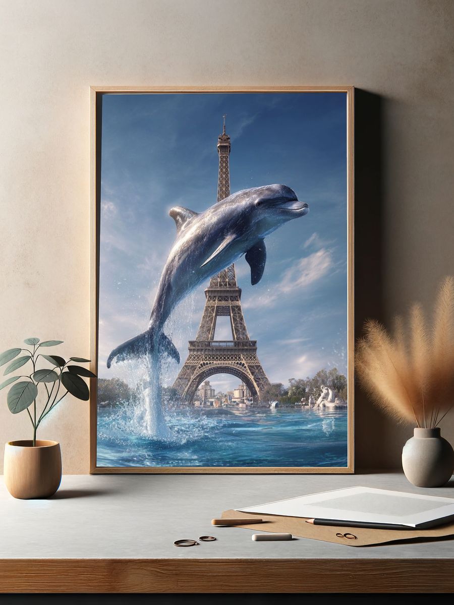 Dolphin Over Eiffel Tower Print. — room view 2