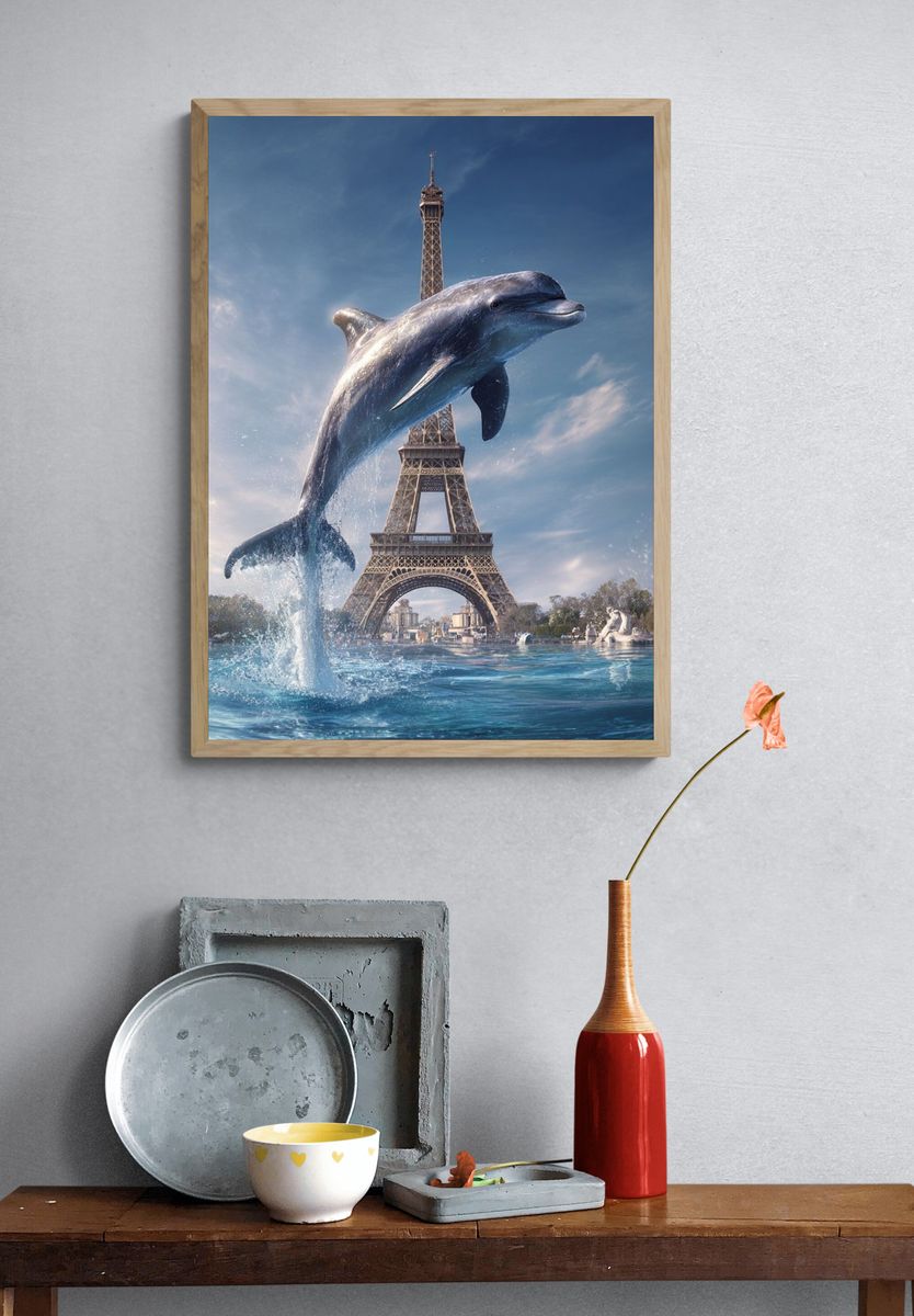 Dolphin Over Eiffel Tower Print. — room view 3