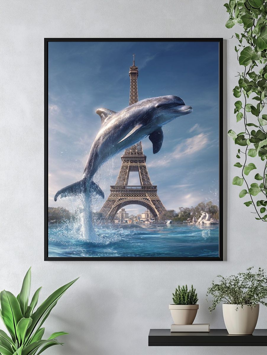 Dolphin Over Eiffel Tower Print. — room view 4