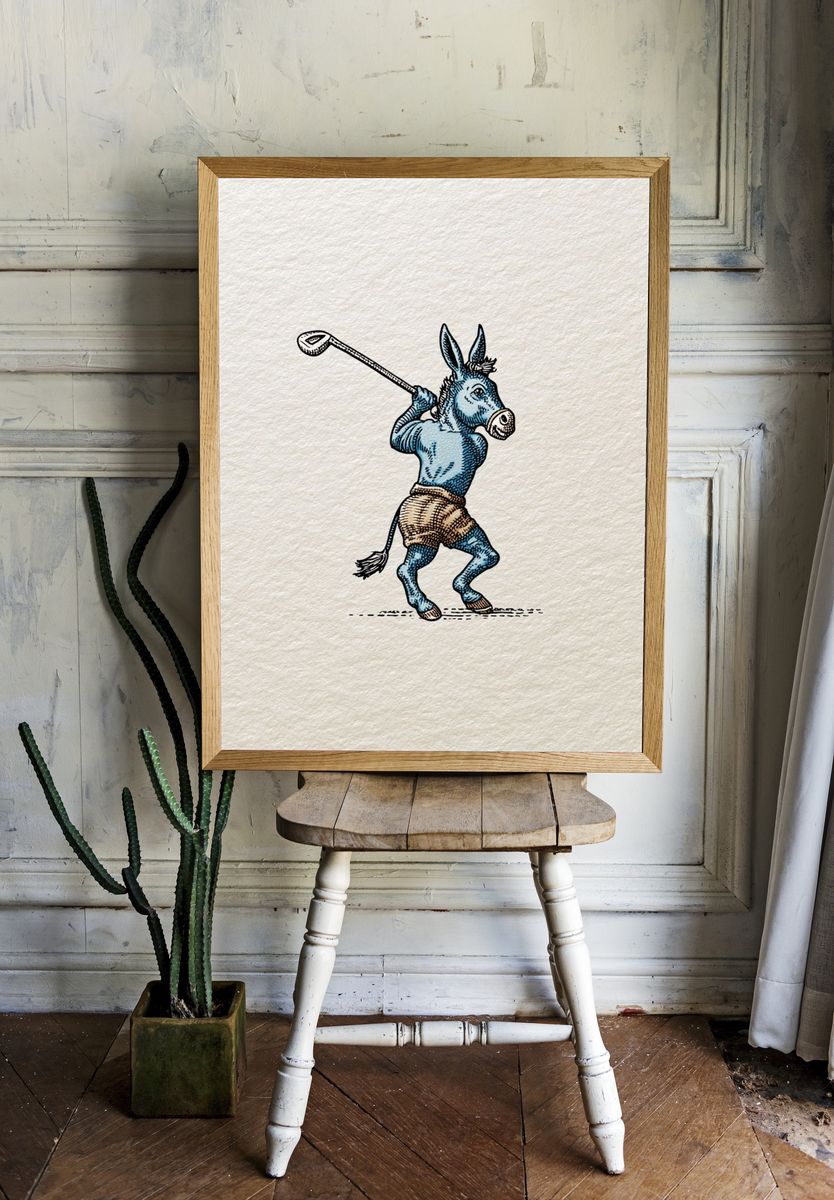 Golfing Donkey — Vintage Print. room preview