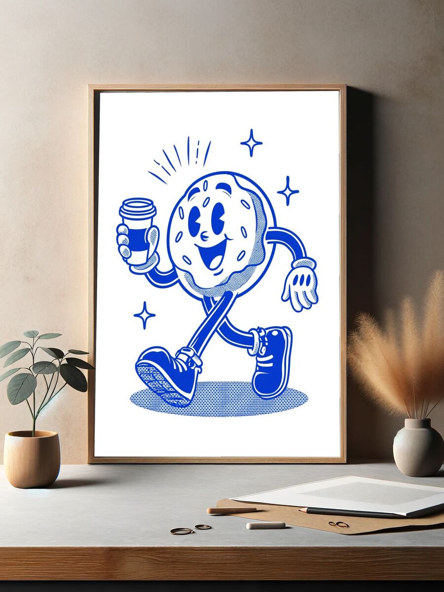 Happy Donut with Coffee — Cartoon Print. — room view 2