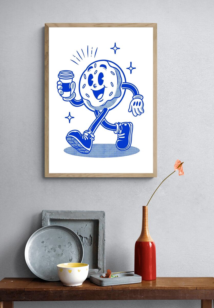 Happy Donut with Coffee — Cartoon Print. — room view 3