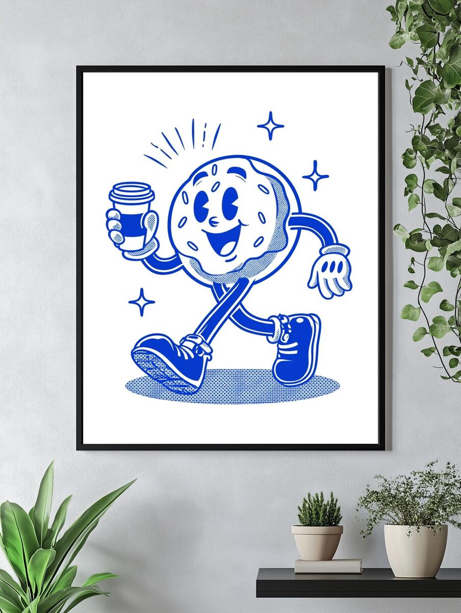 Happy Donut with Coffee — Cartoon Print. — room view 4
