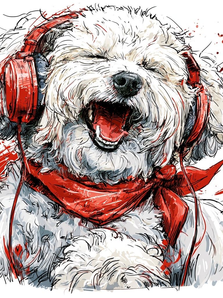 Happy Dog with Headphones Print. poster detail