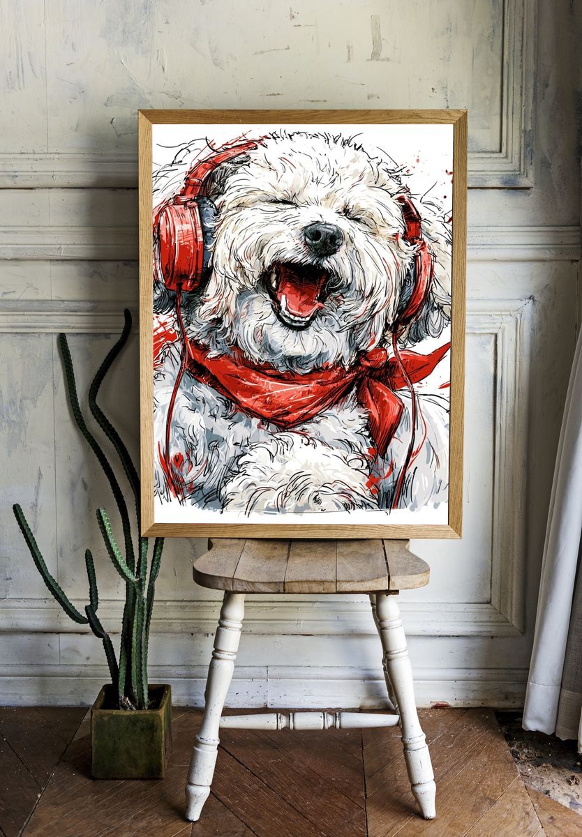 Happy Dog with Headphones Print. room preview