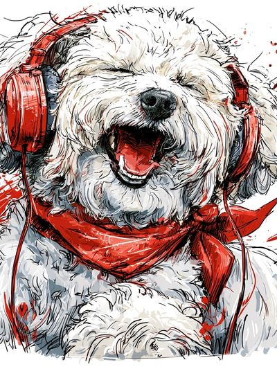 Happy Dog with Headphones Print. poster
