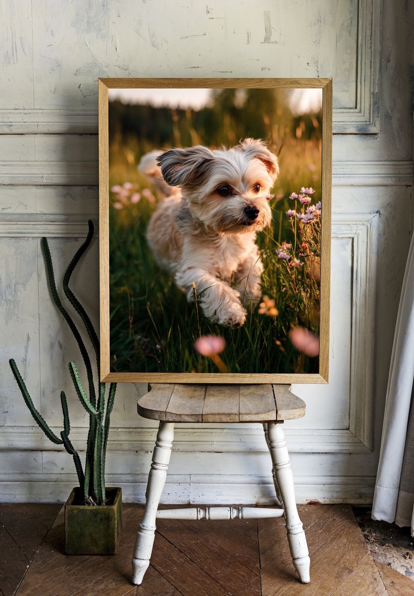 Playful Dog in a Flower Field Poster. — room view 1