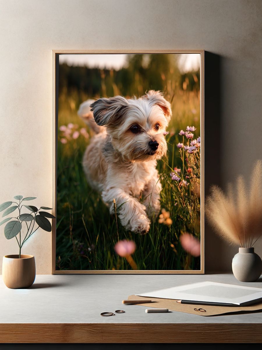 Playful Dog in a Flower Field Poster. — room view 2