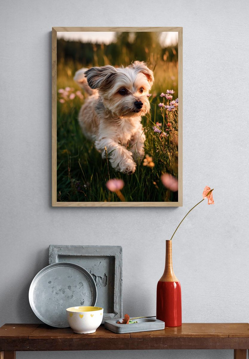 Playful Dog in a Flower Field Poster. — room view 3